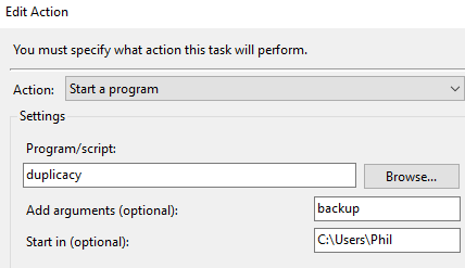 Duplicacy backup actions tab